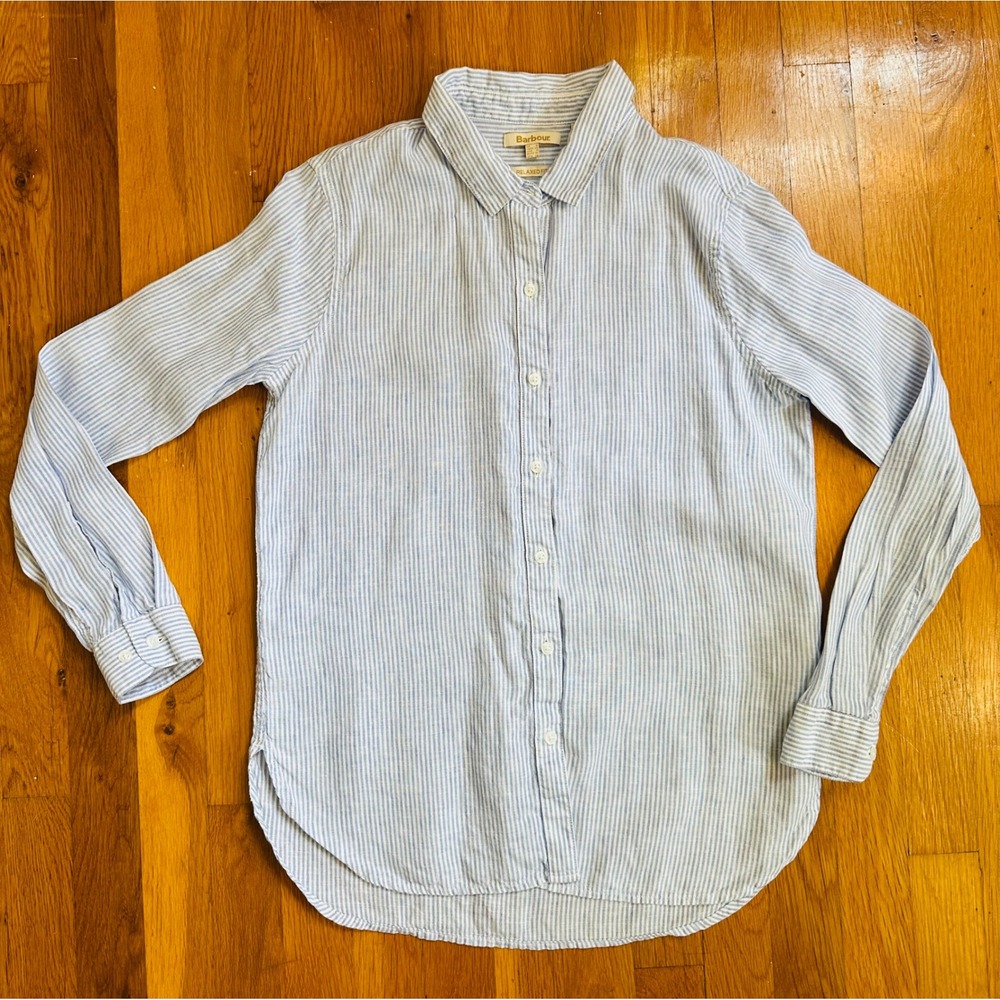 Barbour Marine Shirt Blue White Striped 100% Linen Relaxed Fit LSH1322BL13 Sz 4